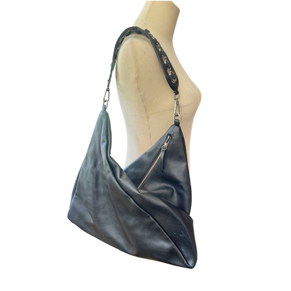 Calvin Klein Handbags - Calvin Klein Black Pebbled Faux Leather Asymmetrical Zip Hobo Bag Boho vegan